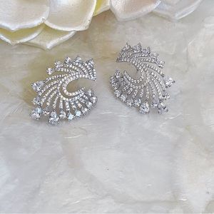 Floral CZ Fan Burst Sparkly Earrings Pierced Bridal NEW